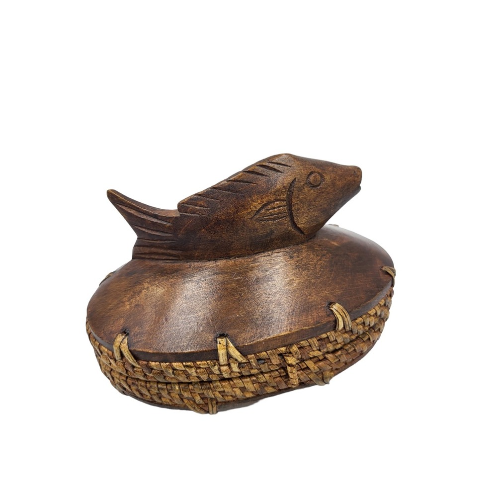 Vintage Wooden Rattan Trim Footed Trinket Box Hand Carved Fish Hinged Wicker Lid
